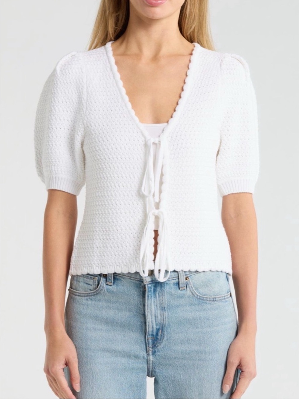 Joie White Knit Tie-Front Short Sleeve Cardigan